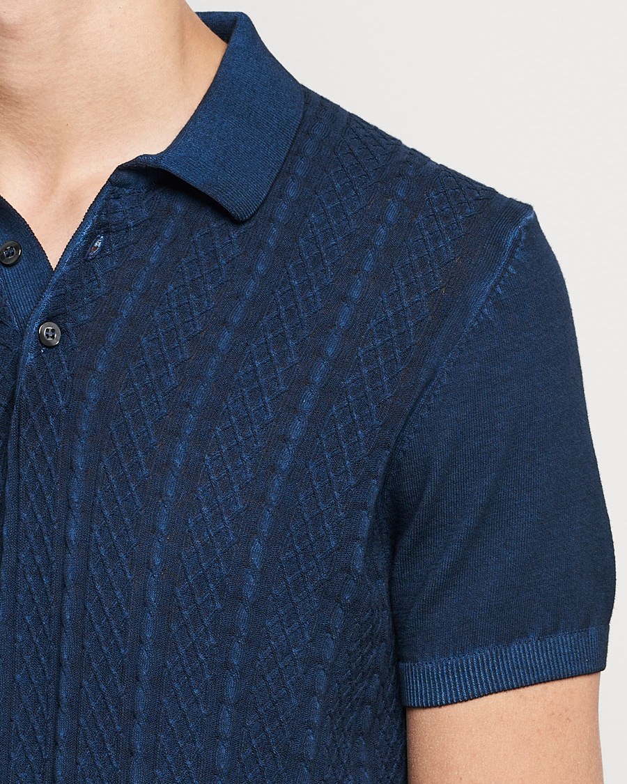 Men | Polo Shirts | Oscar Jacobson | Bard Knitted Cotton Crepe Polo Washed Blue