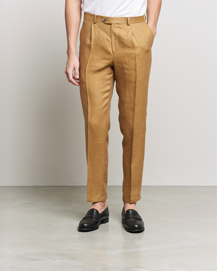 Men | Trousers | Oscar Jacobson | Delon Linen Trousers Dusky Yellow