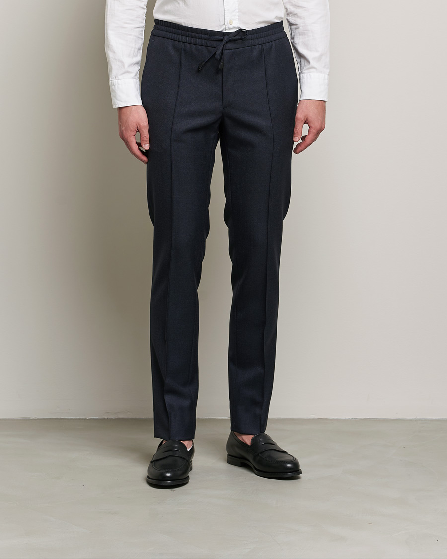 Men | Trousers | Brioni | Sharkskin Wool Drawstring Trousers Navy