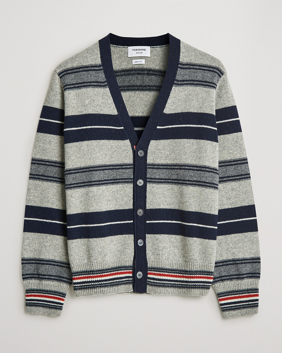 Men | Sweaters & Knitwear | Thom Browne | Tartan Stripe Wool Cardigan Medium Grey