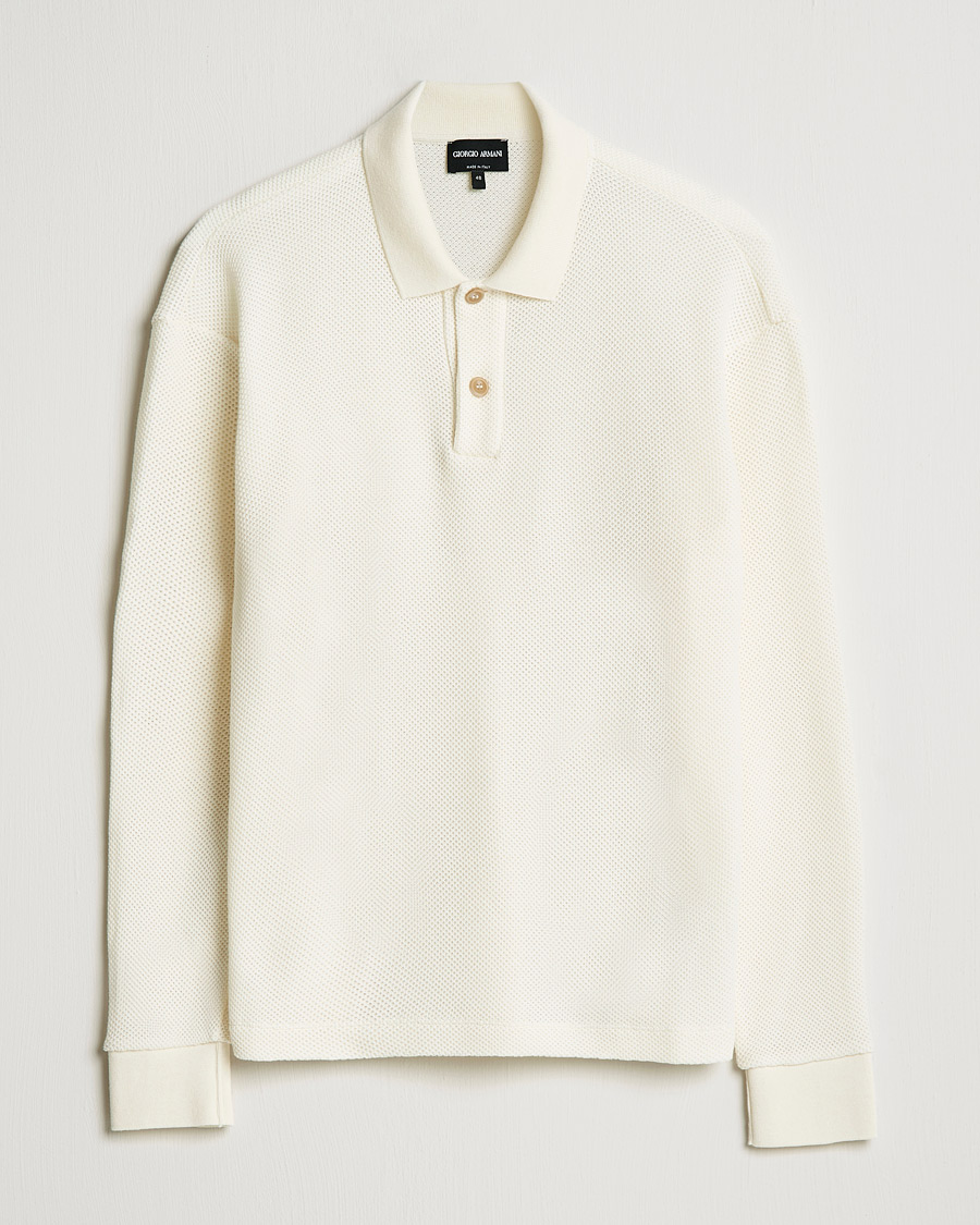 Men | Sweaters & Knitwear | Giorgio Armani | Wool Piquet Long Sleeve Polo Off White