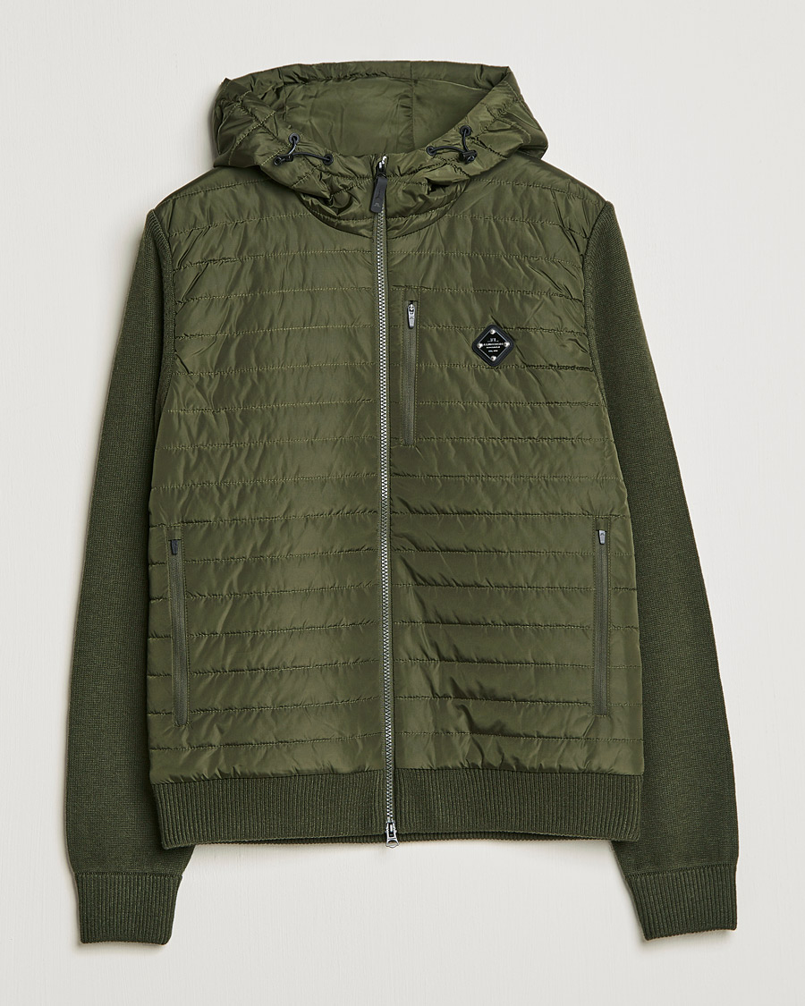 Men | Sweaters & Knitwear | J.Lindeberg | Pierre Knitted Hybrid Full Zip Hood Forest Green