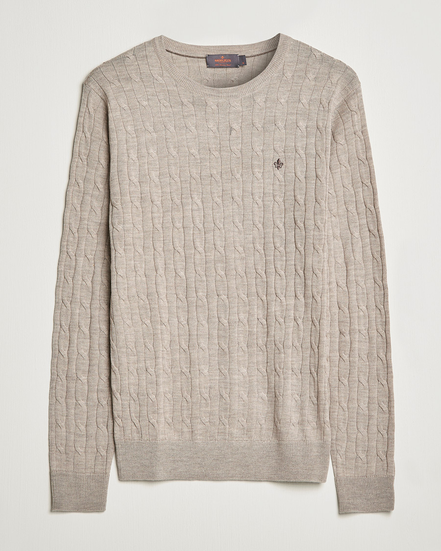 Men | Sweaters & Knitwear | Morris | Merino Cable Crew Neck Khaki Melange