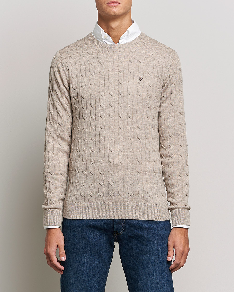 Men | Sweaters & Knitwear | Morris | Merino Cable Crew Neck Khaki Melange