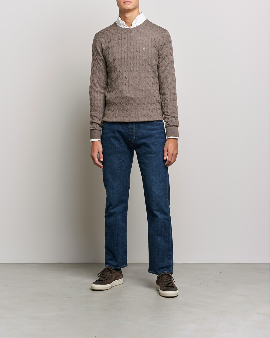 Men | Sweaters & Knitwear | Morris | Merino Cable Crew Neck Light Brown