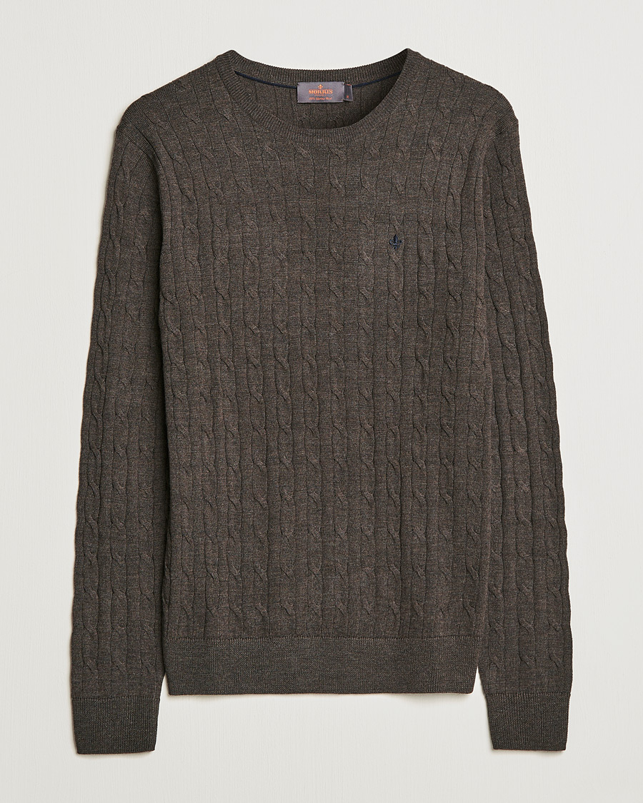 Men | Sweaters & Knitwear | Morris | Merino Cable Crew Neck Dark Brown