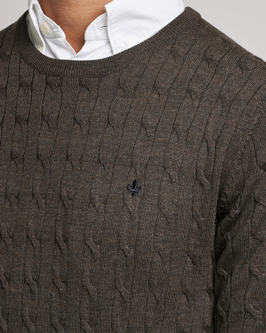 Men | Sweaters & Knitwear | Morris | Merino Cable Crew Neck Dark Brown