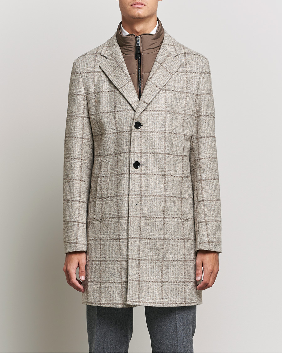 Men | Coats & Jackets | BOSS BLACK | BOSS Hyde Wool Checked Stand Up Collar Coat Medium Beige
