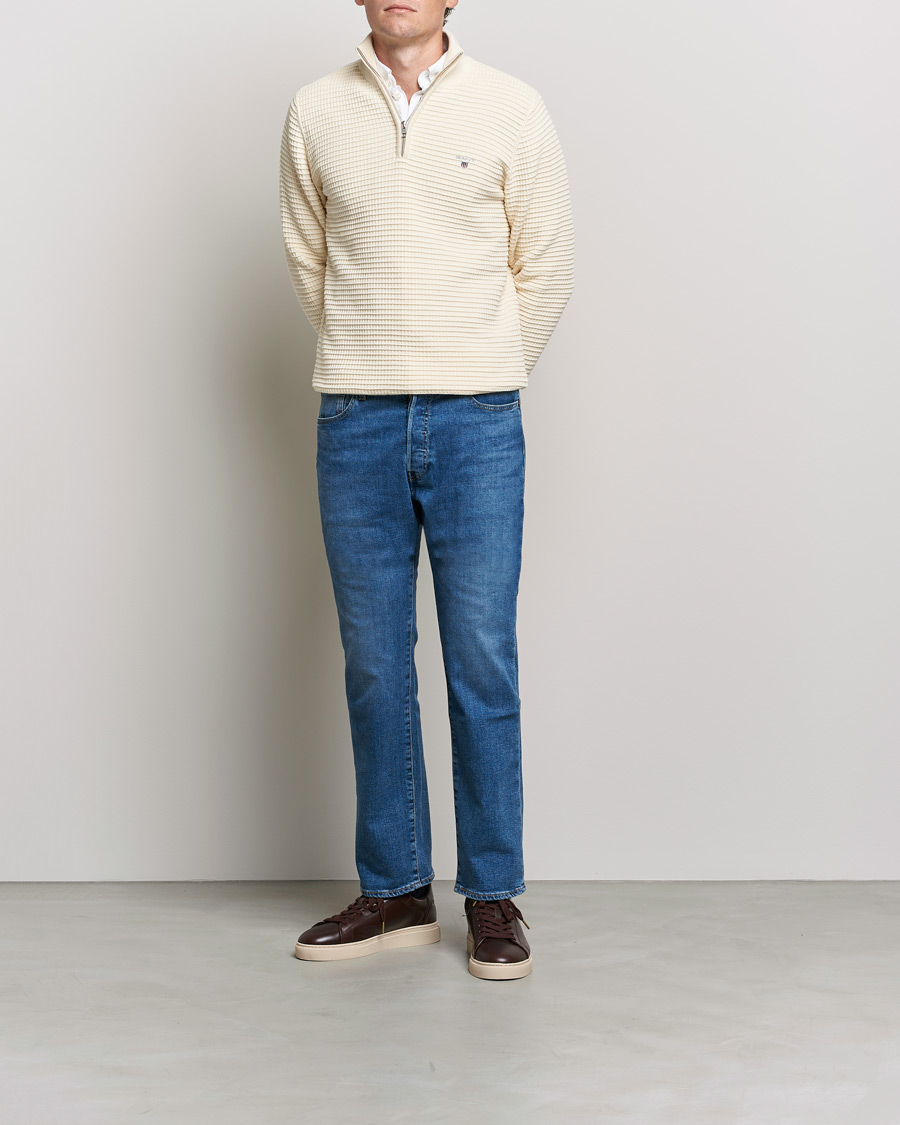 Men | Sweaters & Knitwear | GANT | Cotton Texture Half Zip Cream