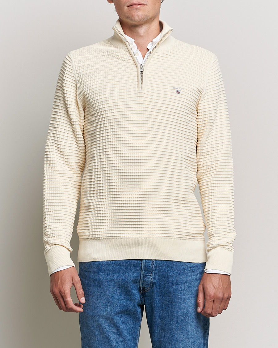 Men | Sweaters & Knitwear | GANT | Cotton Texture Half Zip Cream