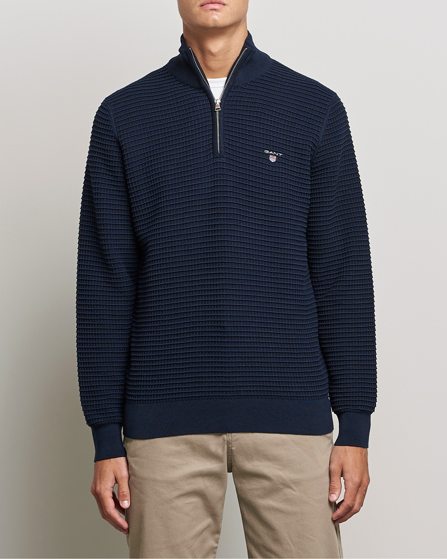 Men | Sweaters & Knitwear | GANT | Cotton Texture Half Zip Evening Blue