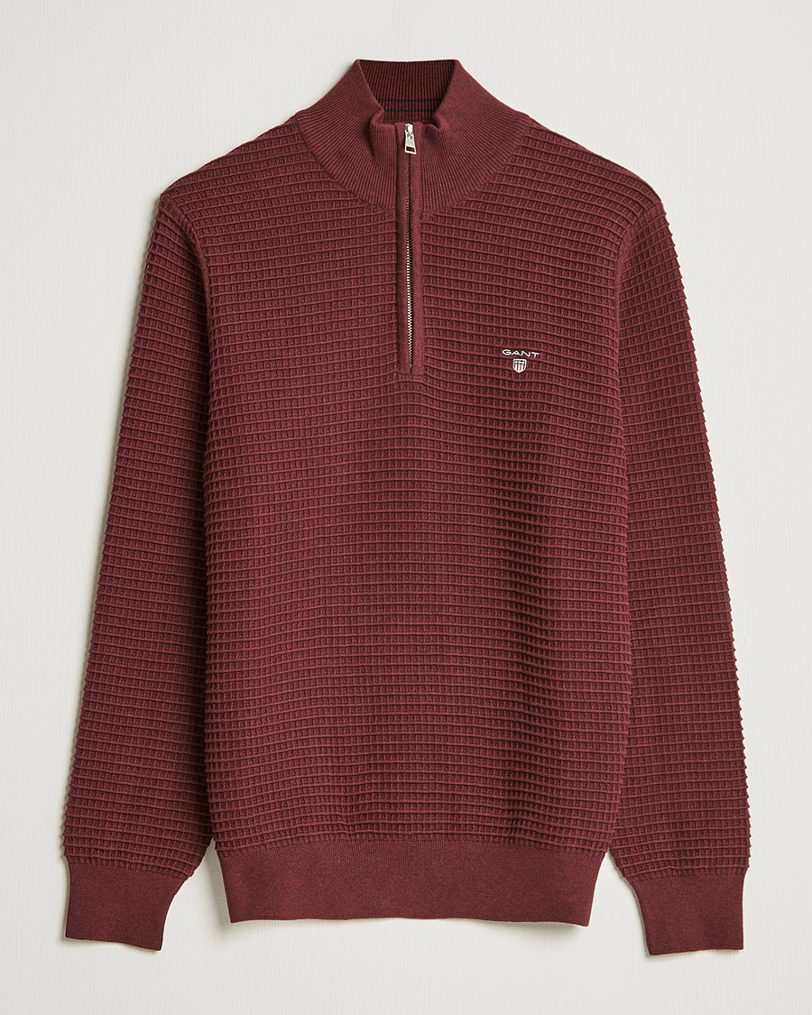 Men | Sweaters & Knitwear | GANT | Cotton Texture Half Zip Dark Burgundy Melange