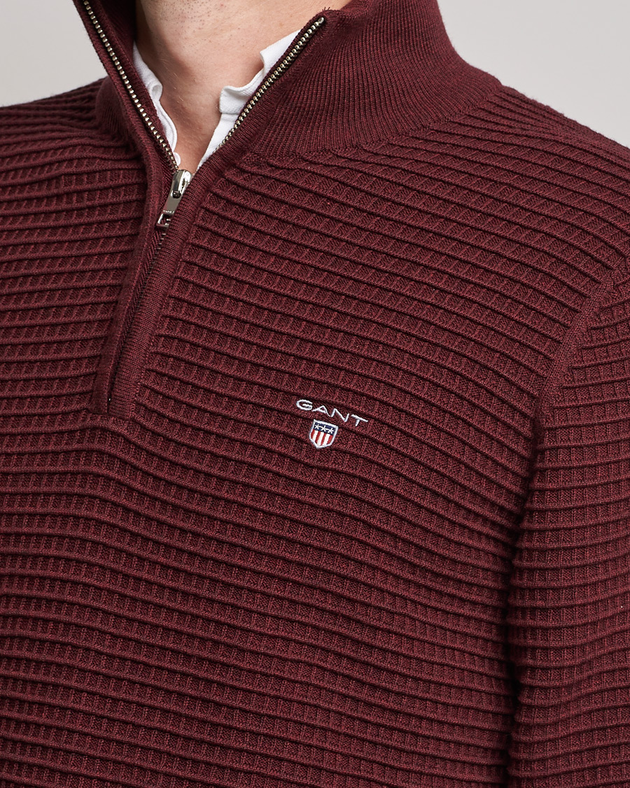 Men | Sweaters & Knitwear | GANT | Cotton Texture Half Zip Dark Burgundy Melange