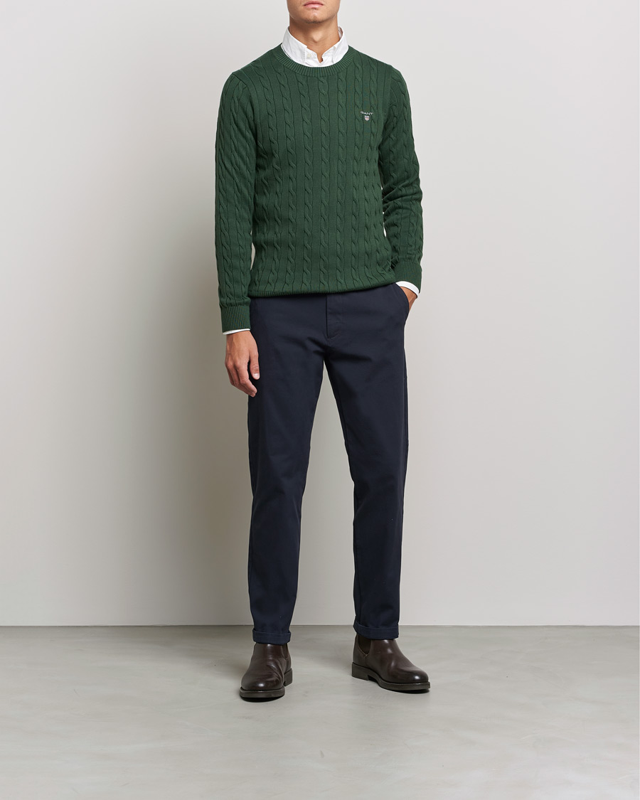 Men | Sweaters & Knitwear | GANT | Cotton Cable Crew Neck Pullover Storm Green