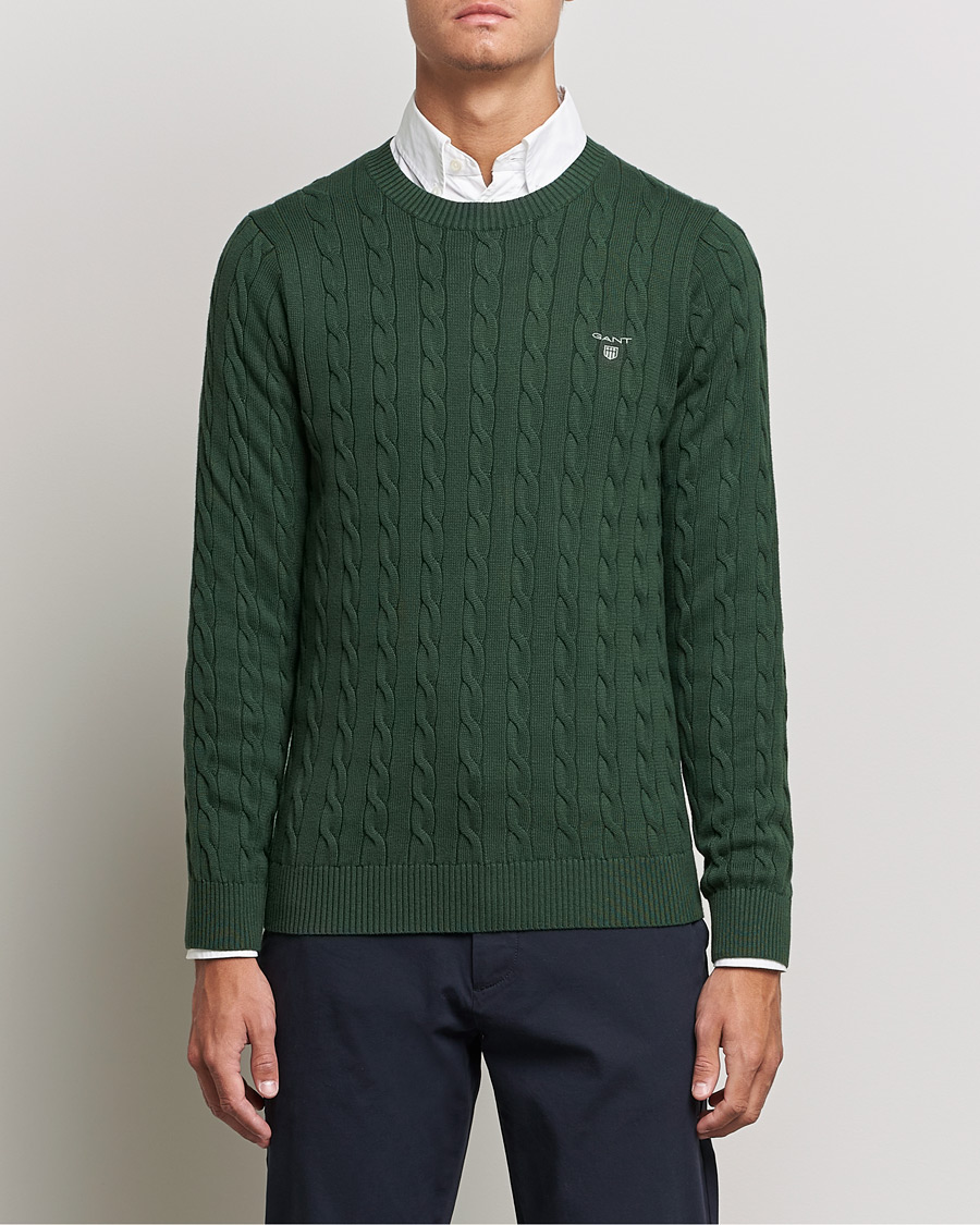 Men | Sweaters & Knitwear | GANT | Cotton Cable Crew Neck Pullover Storm Green