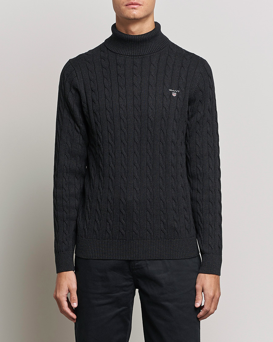 Men | Sweaters & Knitwear | GANT | Cotton Cable Turtleneck Dark Charcoal Melange