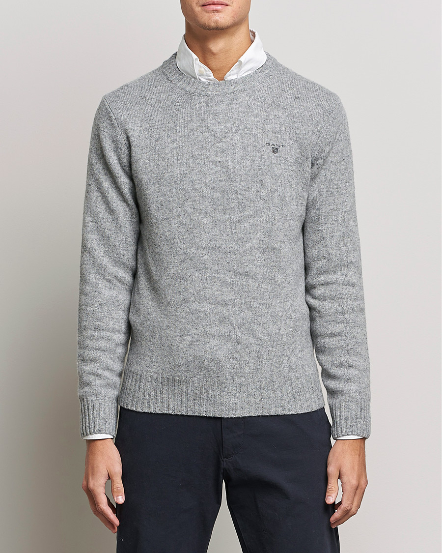 Men | Sweaters & Knitwear | GANT | Brushed Wool Crew Neck Sweater Grey Melange