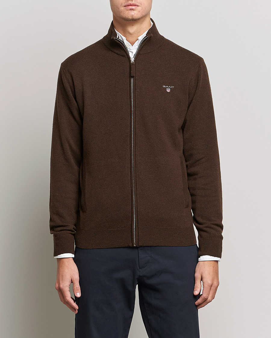 Men | Sweaters & Knitwear | GANT | Lambswool Full Zip Dark Brown Melange