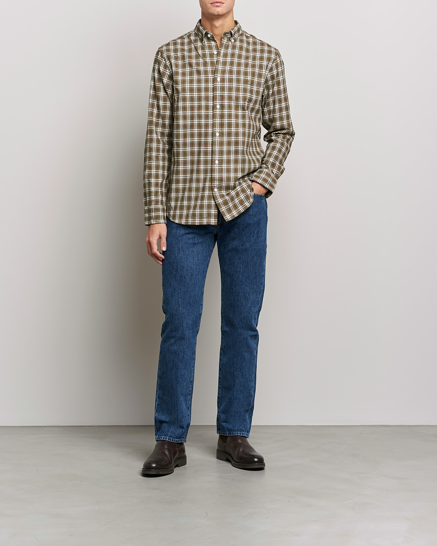 Men | Shirts | GANT | Regular Fit Flannel Checked Shirt Army Green