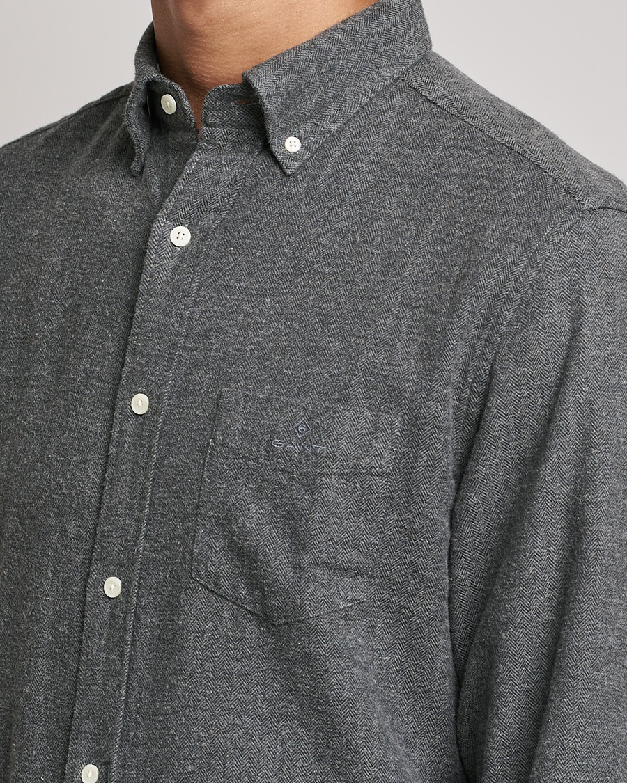 Men | Shirts | GANT | Regular Fit Flannel Herringbone Shirt Charcoal Melange