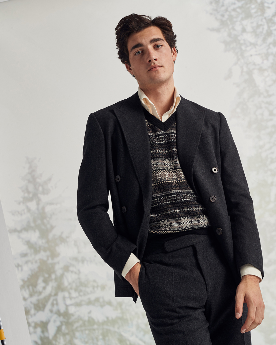 Men | Blazers | Ralph Lauren Purple Label | Double Breasted Flannel Sportcoat Dark Grey