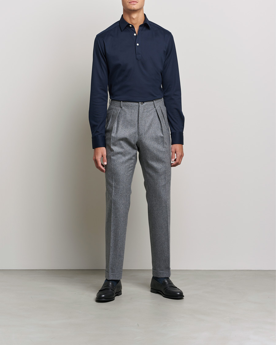 Men | Sweaters & Knitwear | Eton | Slim Fit Cotton Piqué Popover Shirt Navy