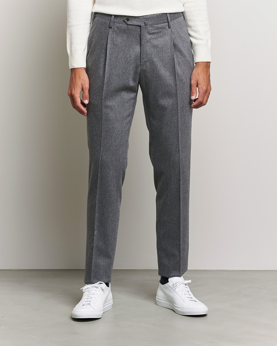 Men | Trousers | PT01 | Slim Fit Pleated Flannel Trousers Light Grey