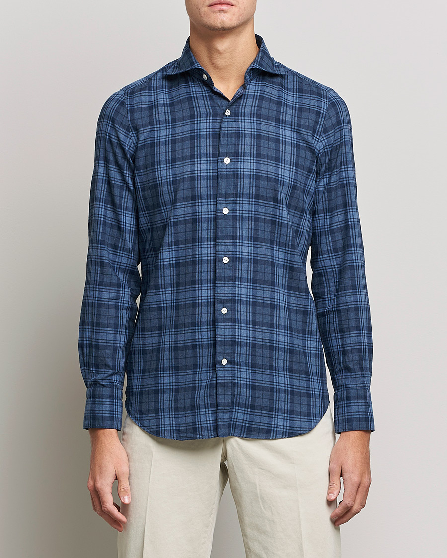 Men | Shirts | Finamore Napoli | Tokyo Slim Light Flannel Shirt Navy Check