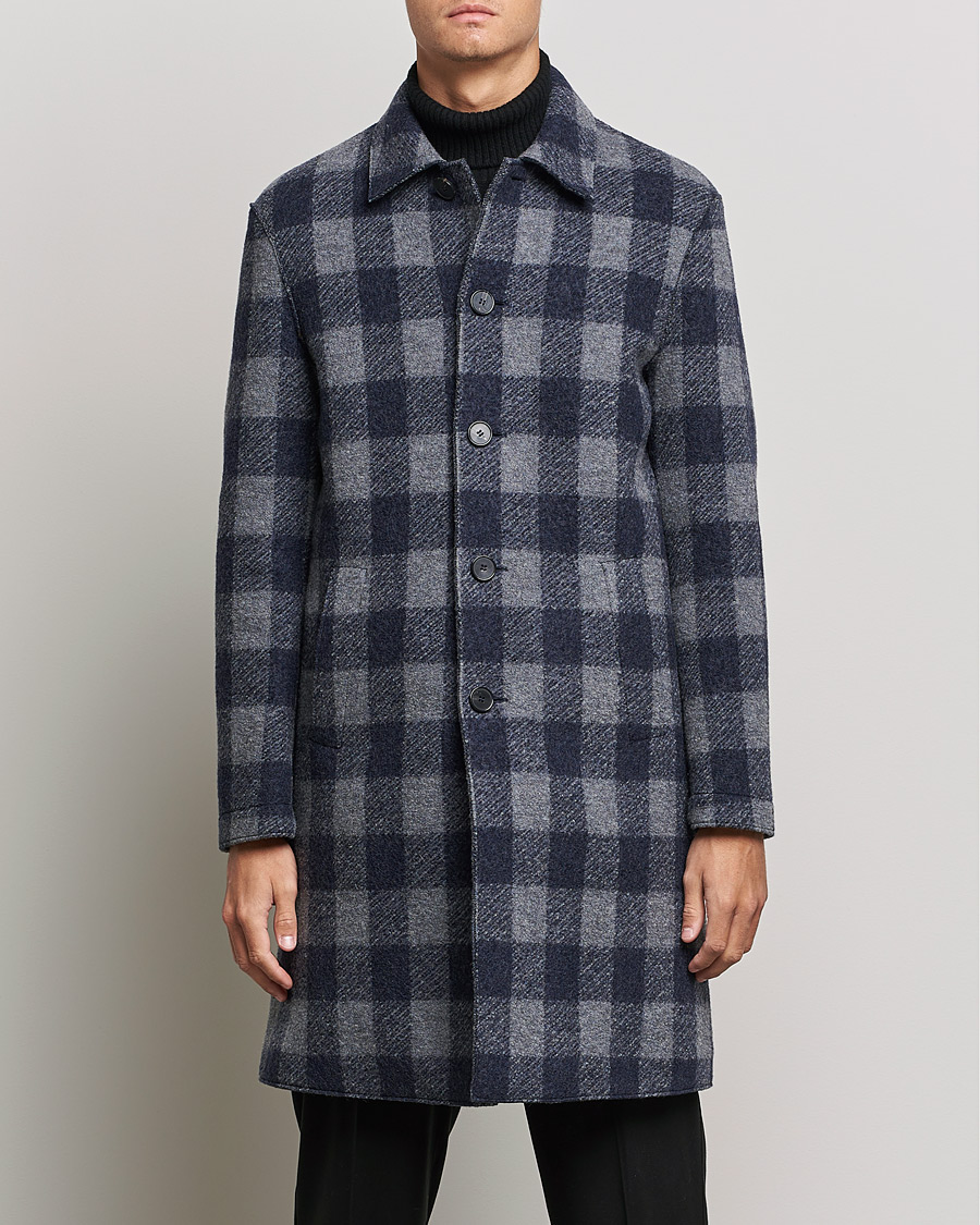 Men | Coats & Jackets | Harris Wharf London | Vichy Fleece Lined Mac Coat Blue/Grey