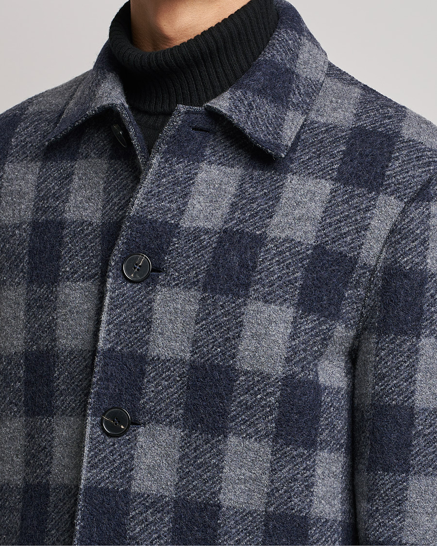 Men | Coats & Jackets | Harris Wharf London | Vichy Fleece Lined Mac Coat Blue/Grey