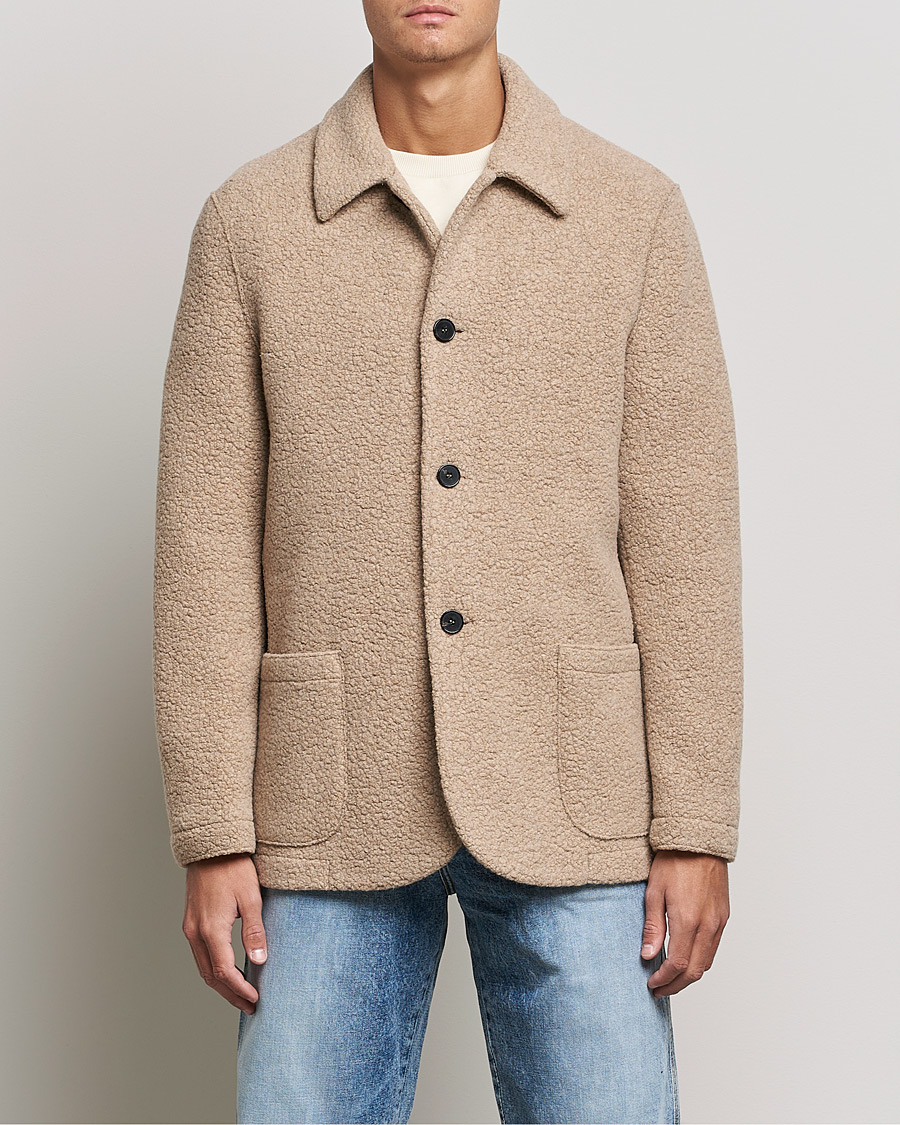Men | Shirts | Harris Wharf London | Harrington Wool Boucleè Shirt Jacket Tan