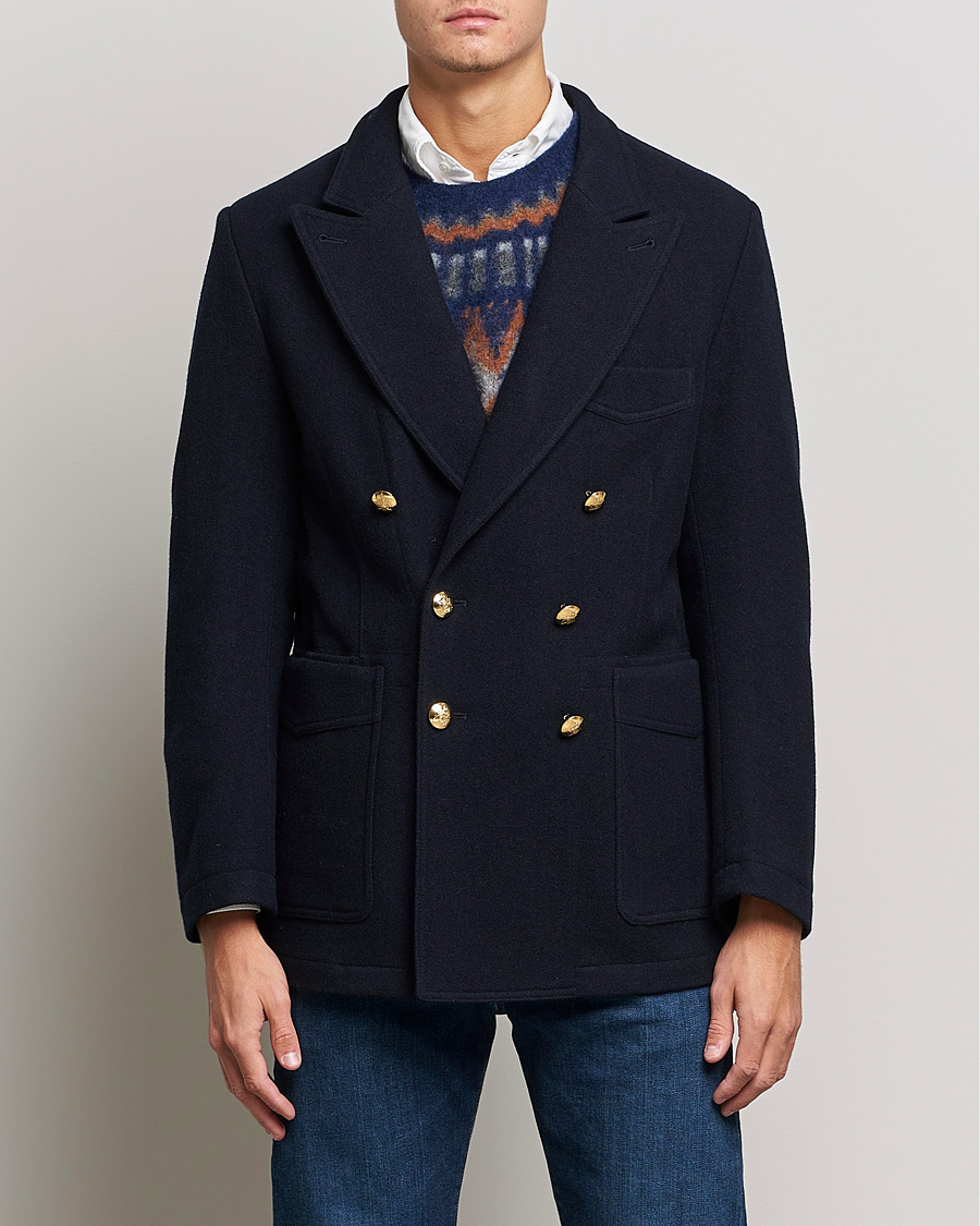 Men | Blazers | Drake's | MKIII Double Breasted Wool/Flannel Blazer Navy