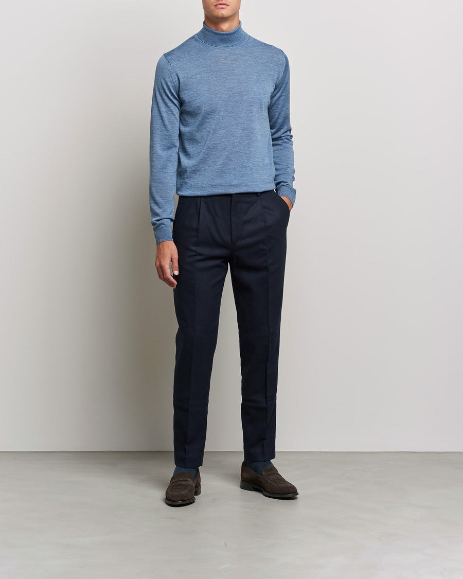 Men | Sweaters & Knitwear | Stenströms | Fine Merino Rollneck Light Blue