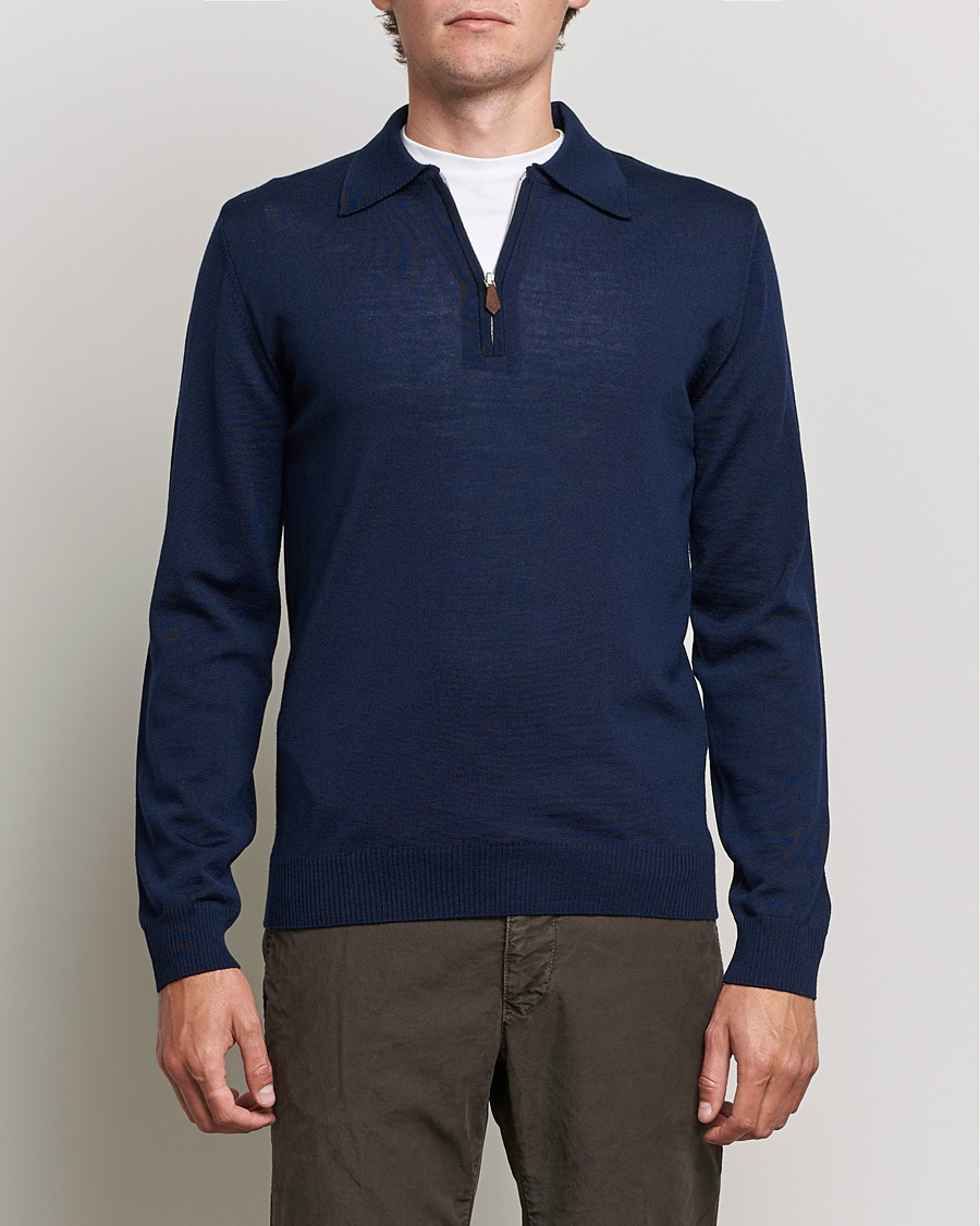 Men | Sweaters & Knitwear | Stenströms | Merino Half Zip Polo Navy