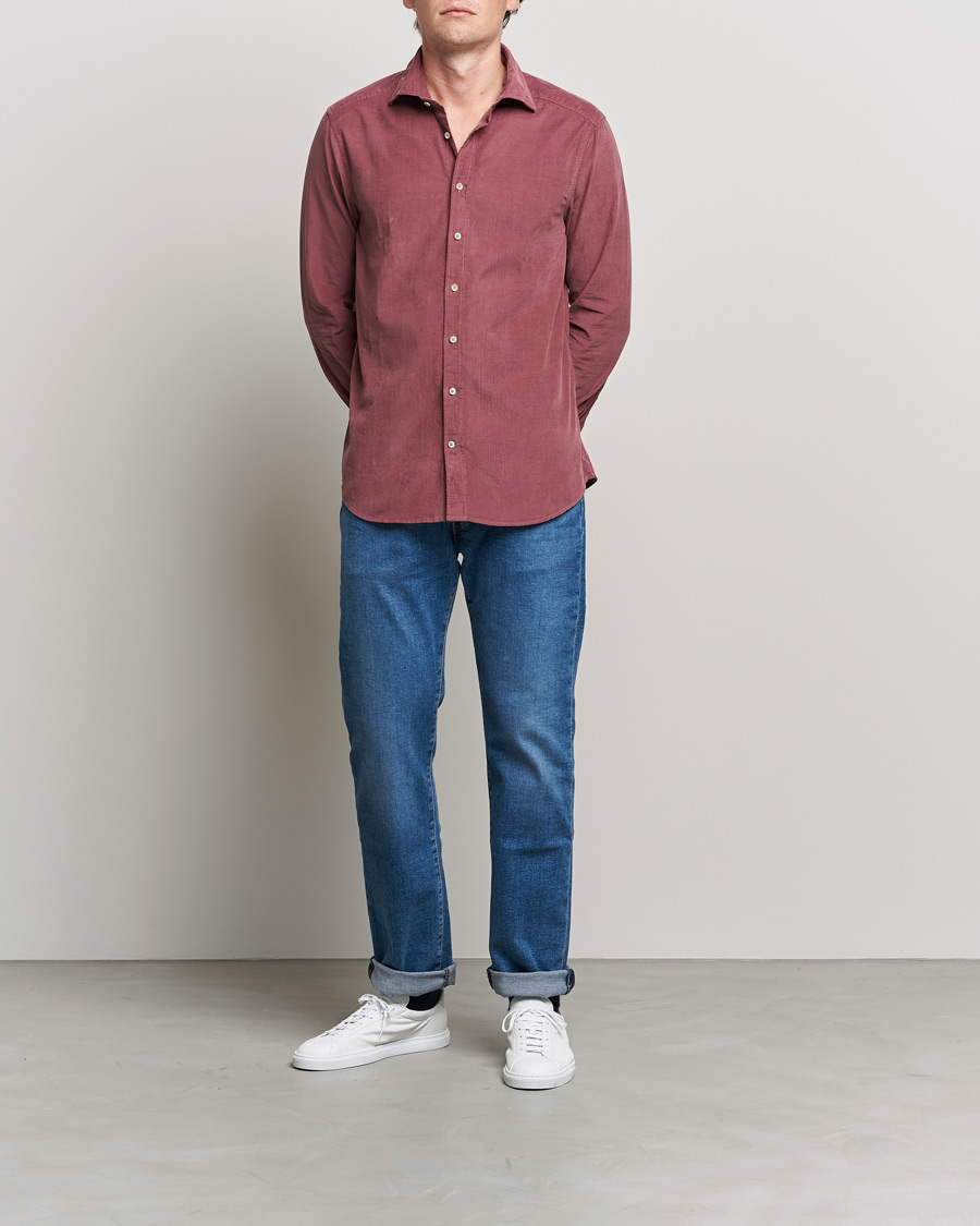 Men | Shirts | Stenströms | Slimline Washed Cut Away Corduroy Shirt Wine Red