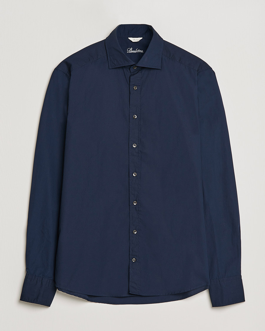 Men | Shirts | Stenströms | Slimline Washed Cut Away Poplin Shirt Navy