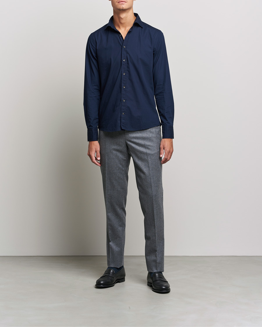 Men | Shirts | Stenströms | Slimline Washed Cut Away Poplin Shirt Navy