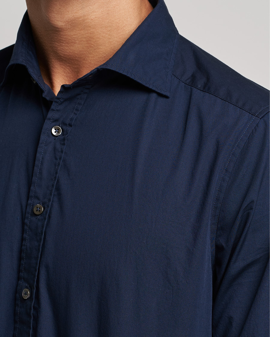 Men | Shirts | Stenströms | Slimline Washed Cut Away Poplin Shirt Navy