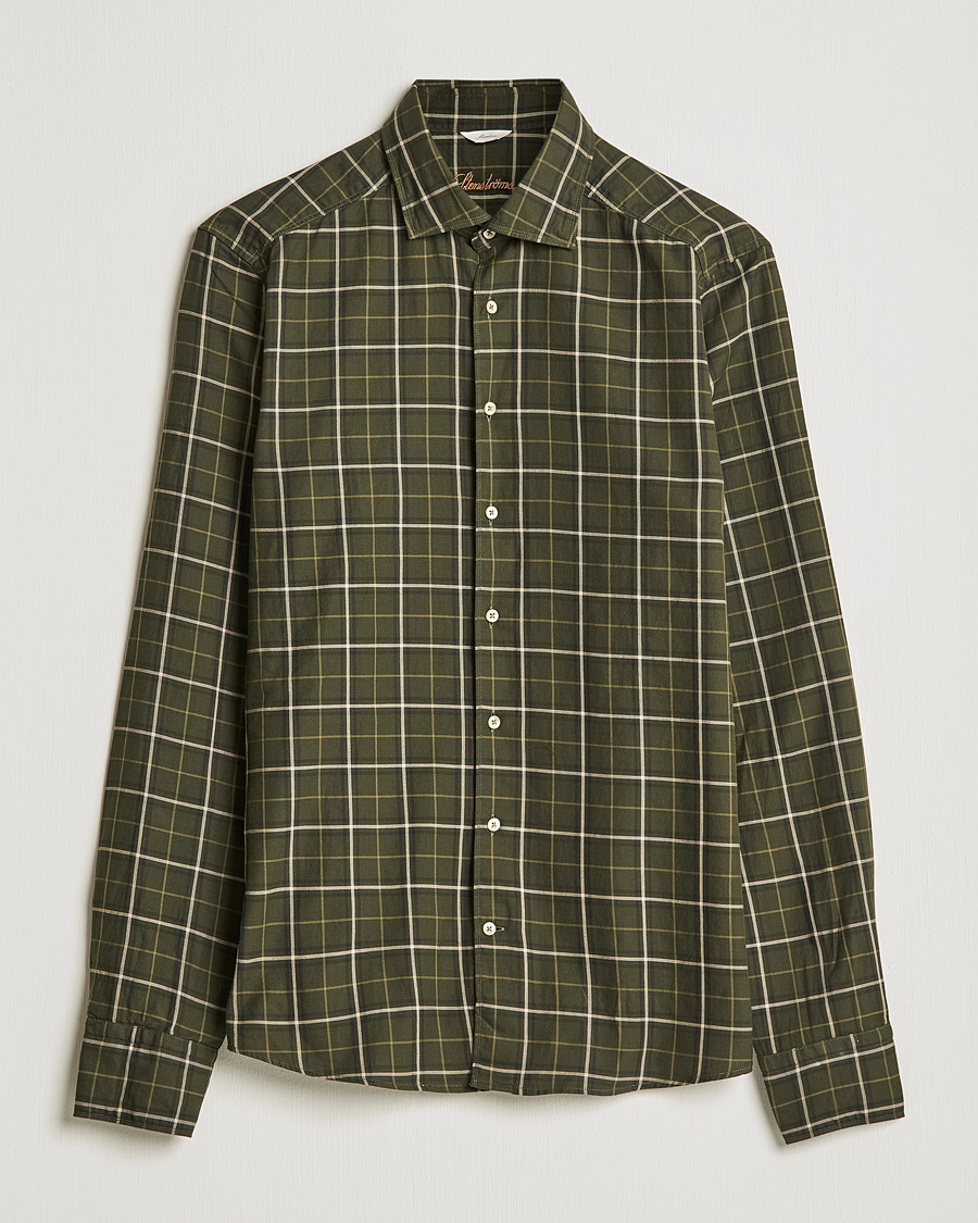 Men | Shirts | Stenströms | Slimline Cut Away Washed Checked Shirt Dark Green