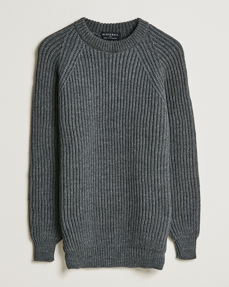 Men | Sweaters & Knitwear | Gloverall | Fisherman Rib Chunky Wool Crew Neck Grey