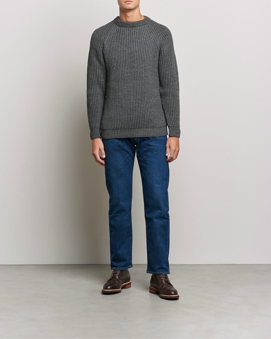 Men | Sweaters & Knitwear | Gloverall | Fisherman Rib Chunky Wool Crew Neck Grey