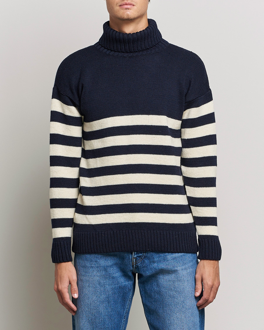 Men | Sweaters & Knitwear | Gloverall | Breton Submariner Wool Rollneck Navy/Ecru