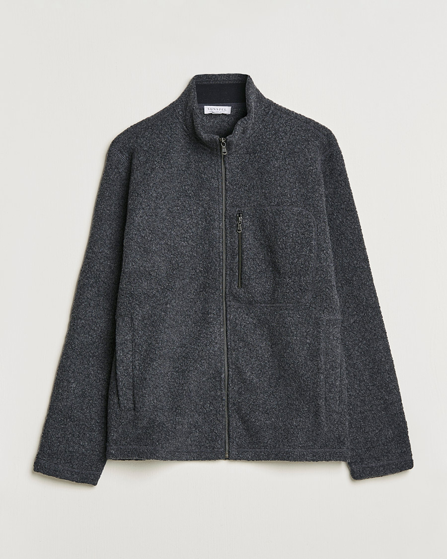 Men | Sweaters & Knitwear | Sunspel | Eco Wool Full Zip Fleece Jacket Charcoal Melange