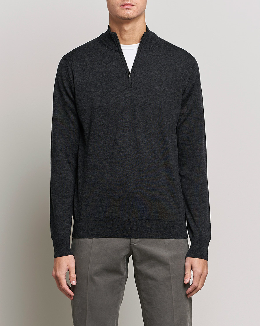Men | Sweaters & Knitwear | Sunspel | Merino Half Zip Sweater Charcoal Melange