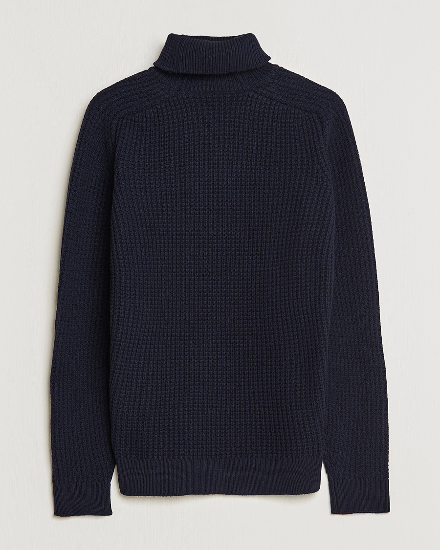 Men | Sweaters & Knitwear | Baracuta | Wool Waffle Knit Turtleneck Dark Navy