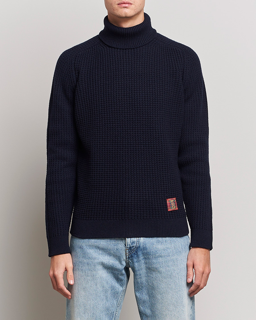 Men | Sweaters & Knitwear | Baracuta | Wool Waffle Knit Turtleneck Dark Navy