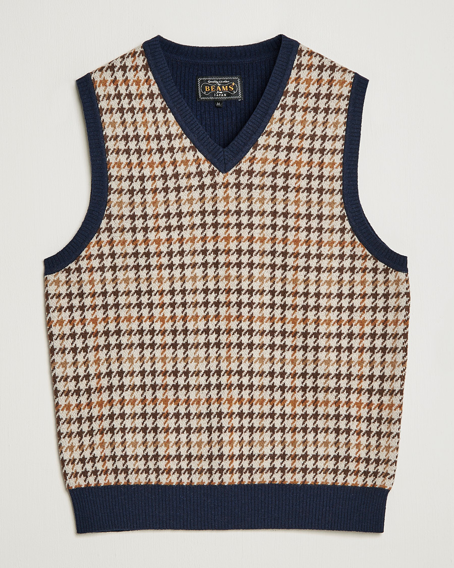 Men | Sweaters & Knitwear | BEAMS PLUS | Tartan Check Knit Vest Navy/Beige