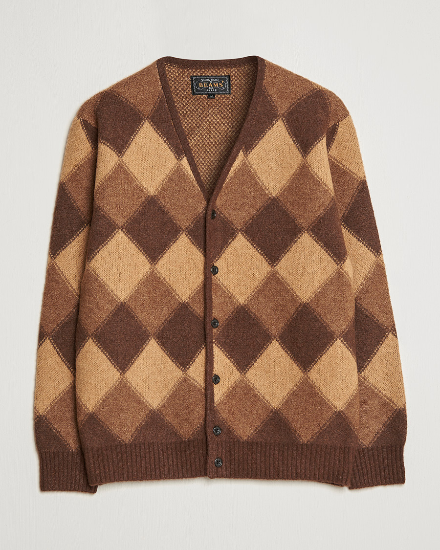 Men | Sweaters & Knitwear | BEAMS PLUS | Argyle Jacquard Cardigan Brown 