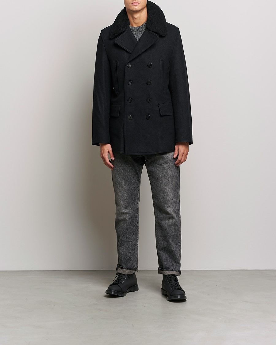 Men | Coats & Jackets | Gloverall | Churchill Reefer Shearling Peacoat Black