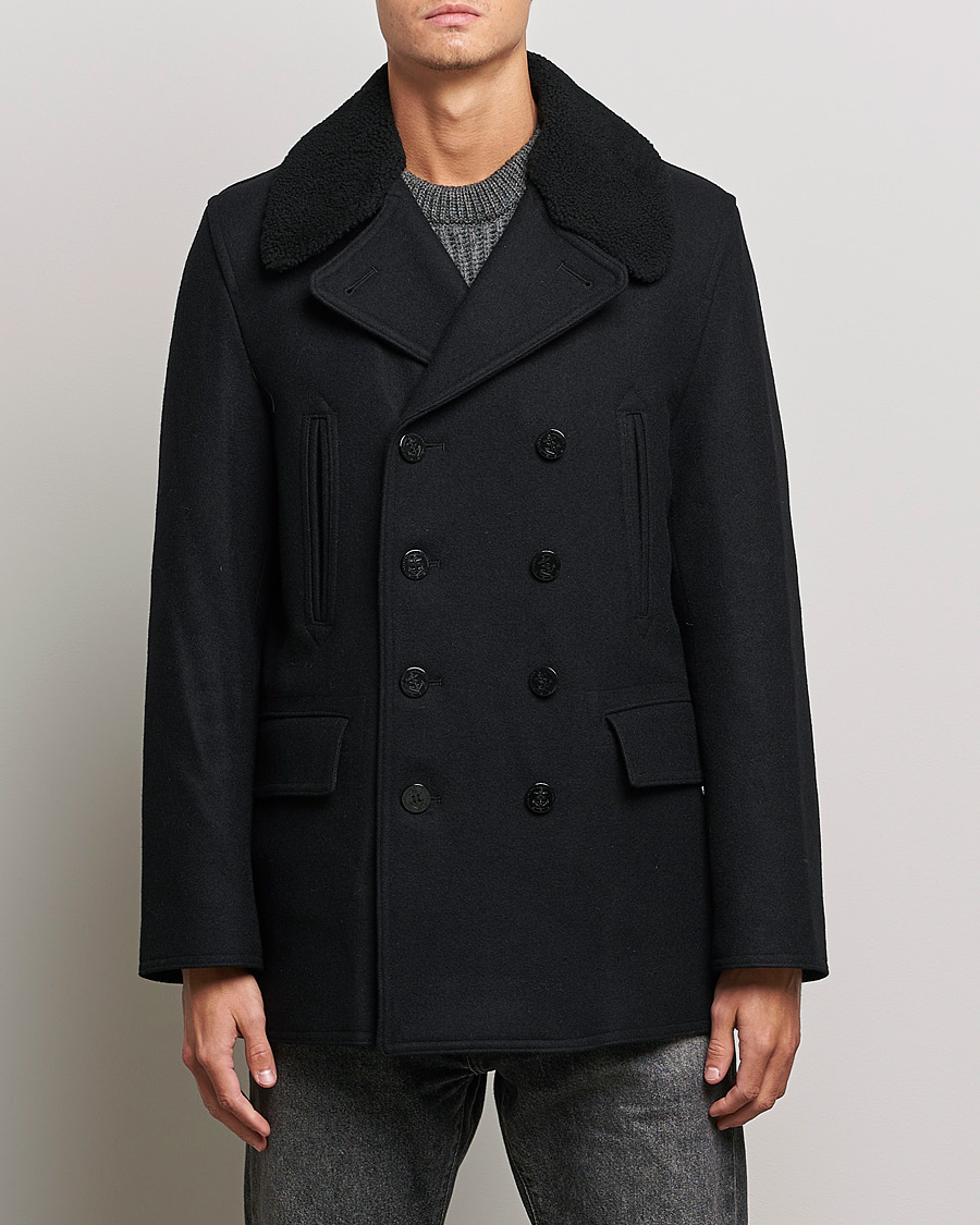 Men | Coats & Jackets | Gloverall | Churchill Reefer Shearling Peacoat Black